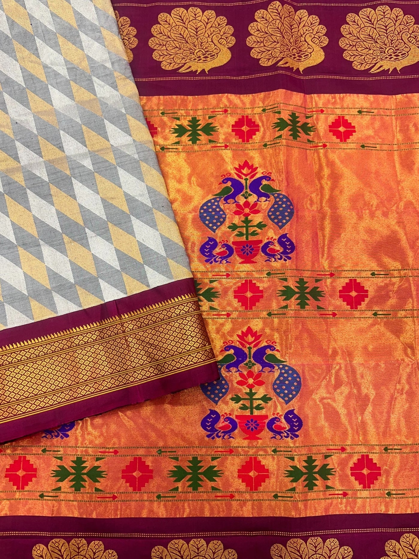 Grey Checks Silk Paithani Saree