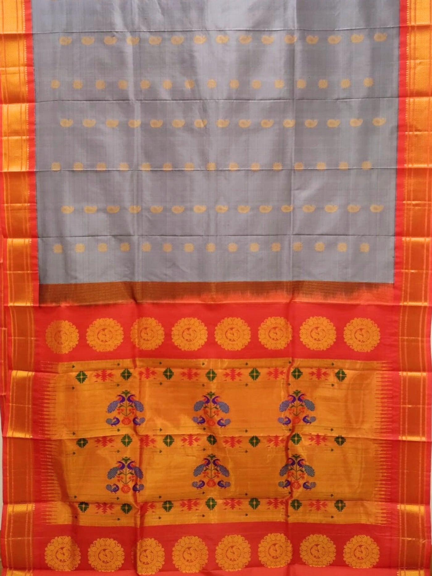 Grey Maharani Silk Paithani Saree with Red Border