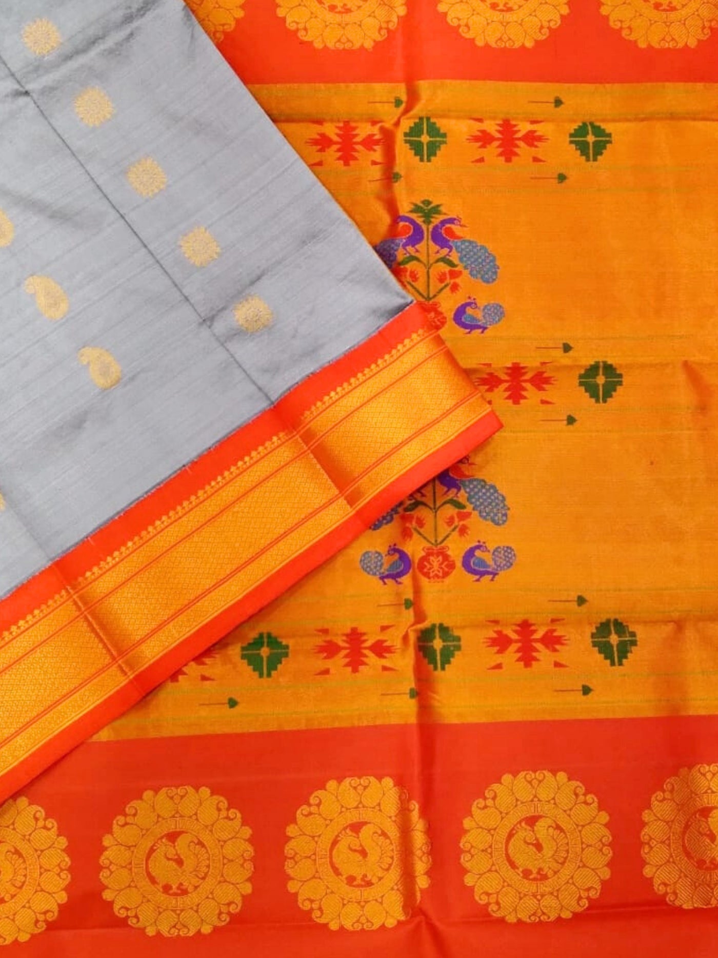 Grey Maharani Silk Paithani Saree with Red Border