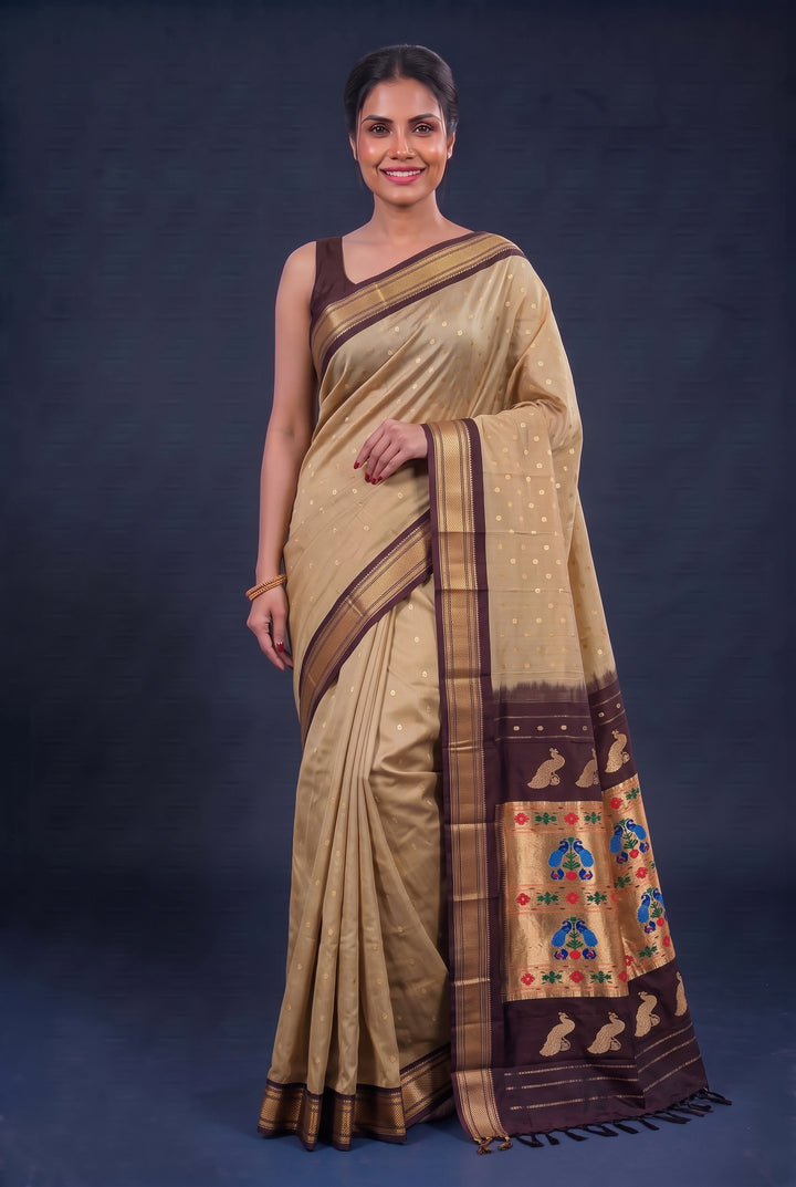 Beige maharani silk paithani saree