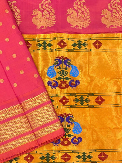 Peach pink silk paithani saree in single color