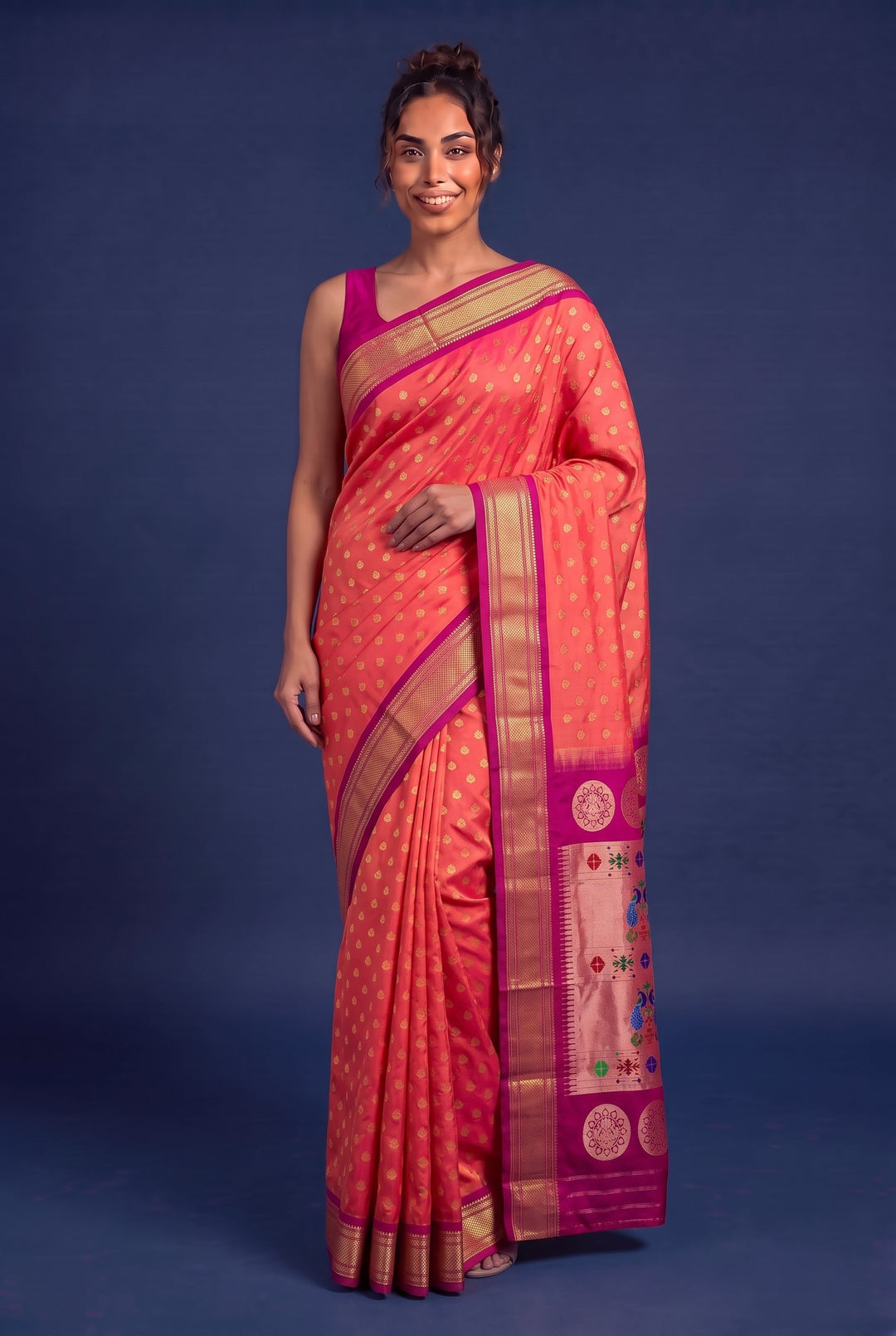 Two tone peach silk maharani paithani