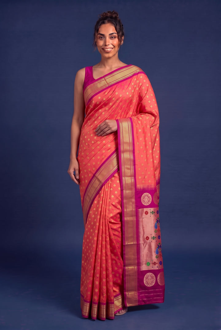 Two tone peach silk maharani paithani