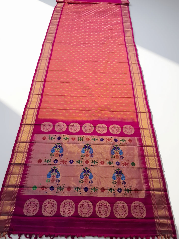 Two tone peach silk maharani paithani