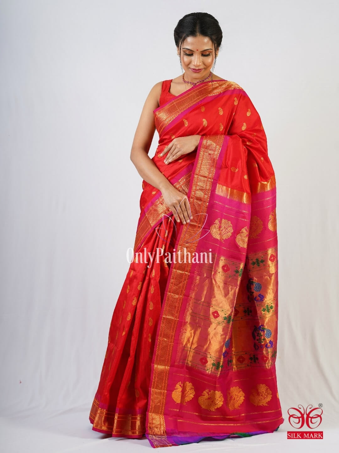 Red paithani silk saree with pink border