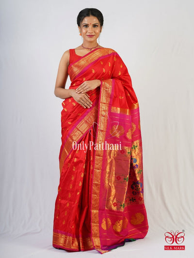 Red paithani silk saree with pink border