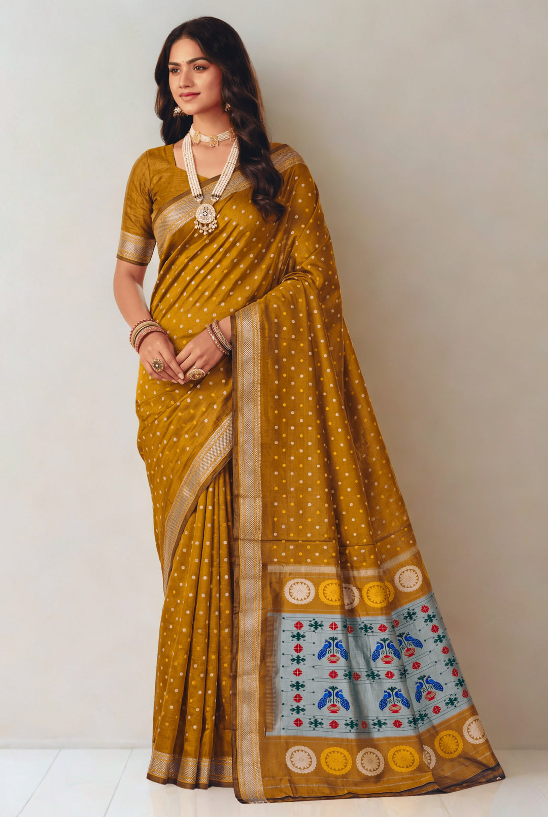 Olive mustard silk paithani saree