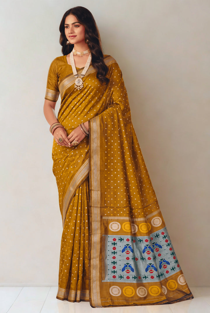Olive mustard silk paithani saree