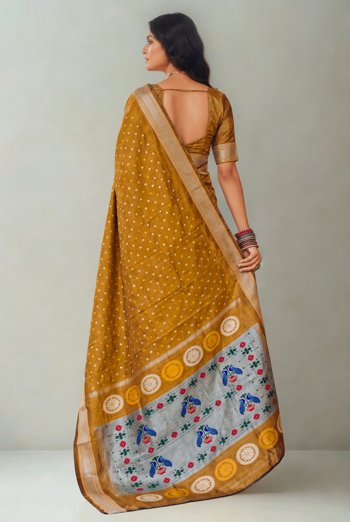 Olive mustard silk paithani saree