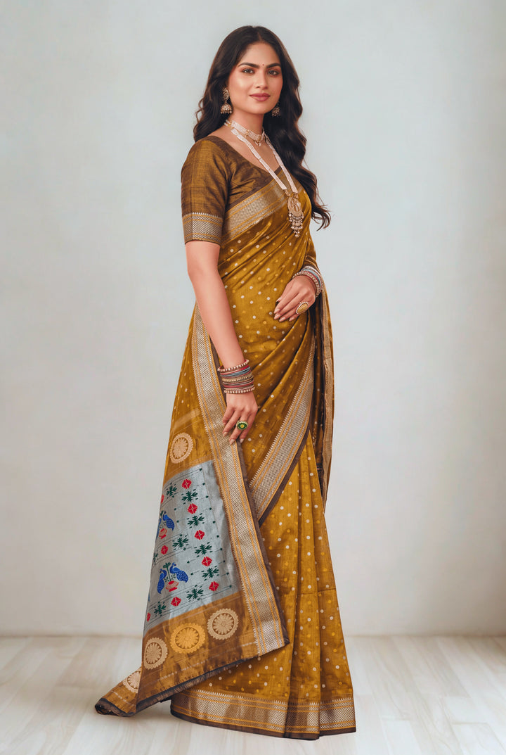 Olive mustard silk paithani saree