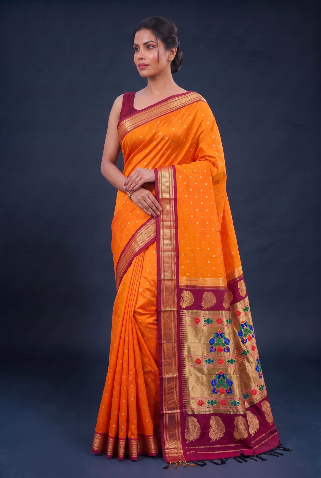Mustard yellow silk paithani saree with maroon border