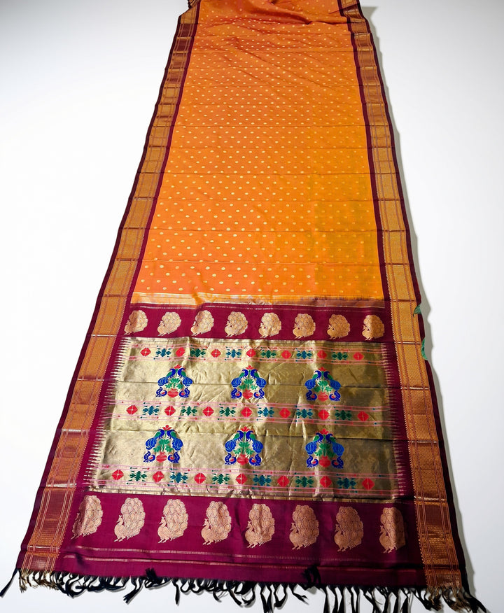 Mustard yellow silk paithani saree with maroon border