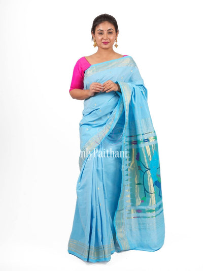 Powder blue rich pallu cotton paithani saree