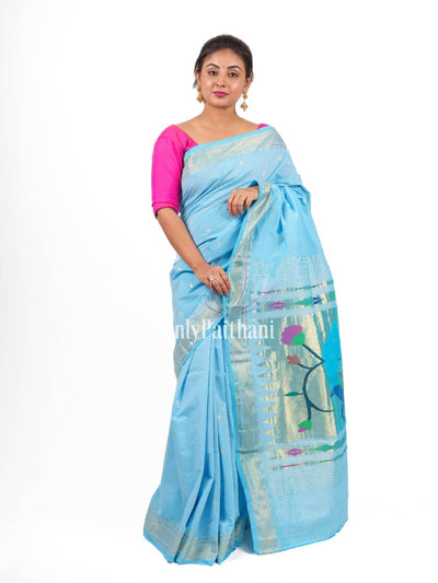 Powder blue rich pallu cotton paithani saree