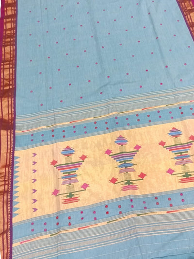 Powder Blue Cotton Paithani Saree