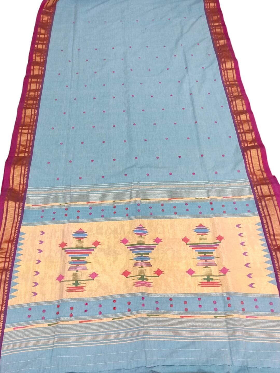 Powder Blue Cotton Paithani Saree