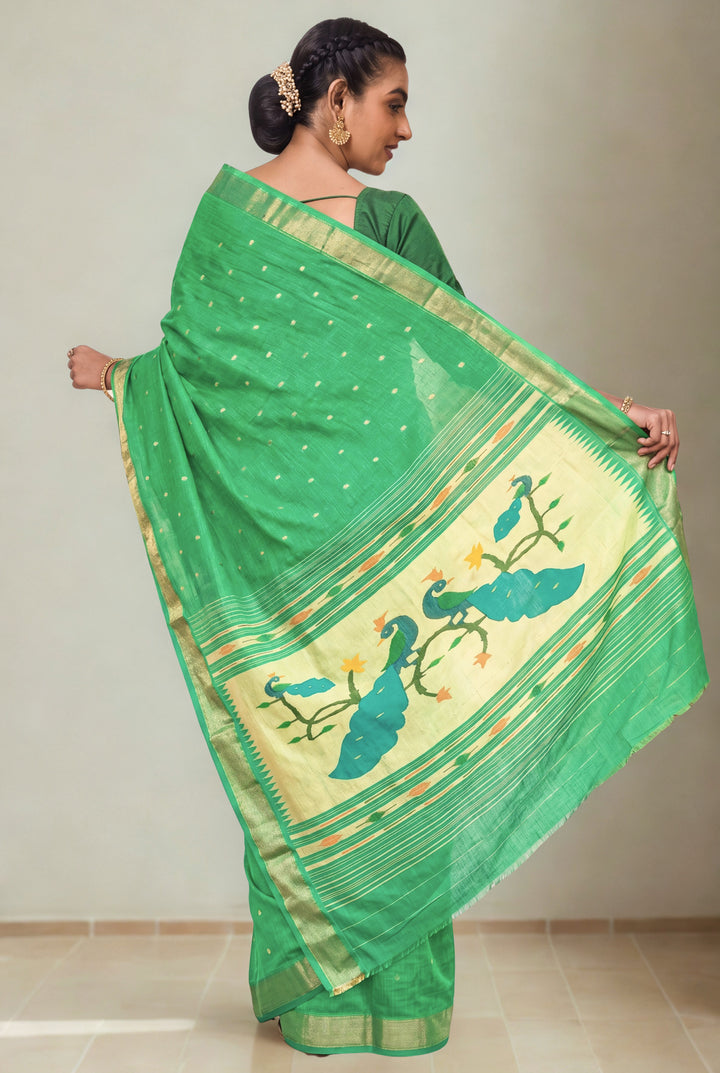 Two Tone Green Cotton Paithani 
