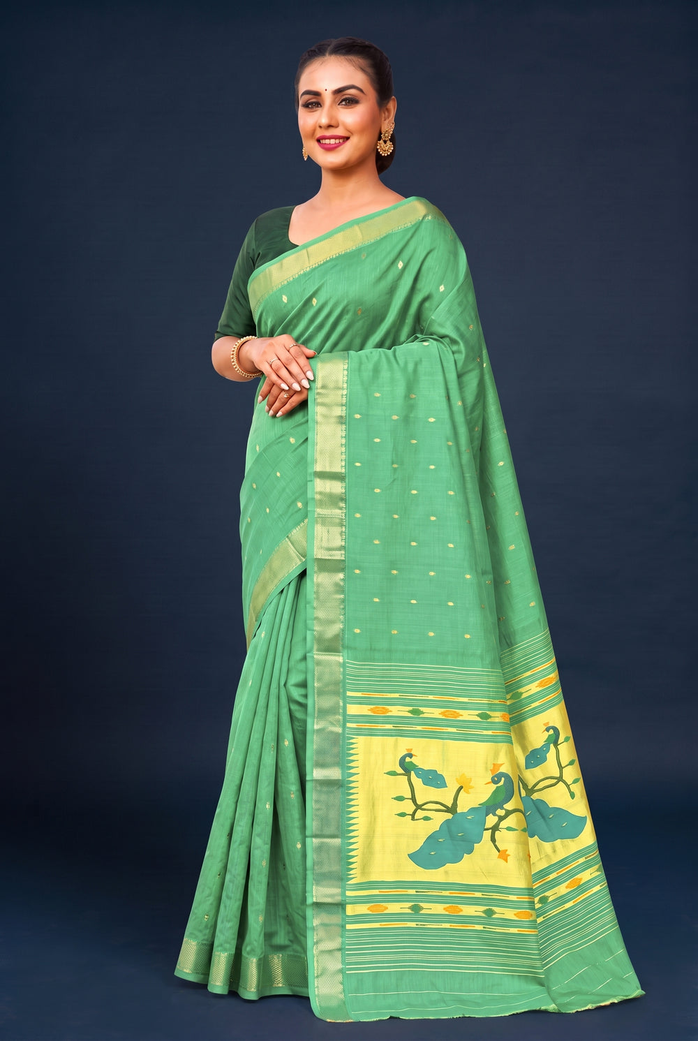 Two Tone Green Rich Pallu Cotton Paithani