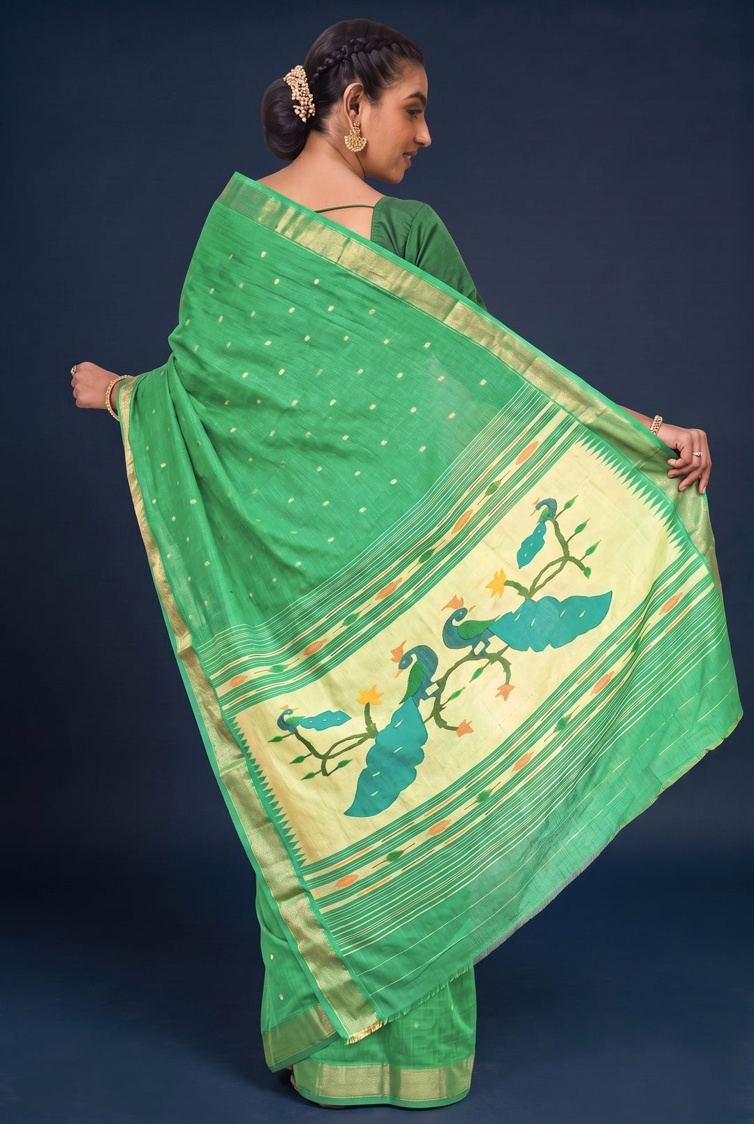 Two Tone Green Rich Pallu Cotton Paithani