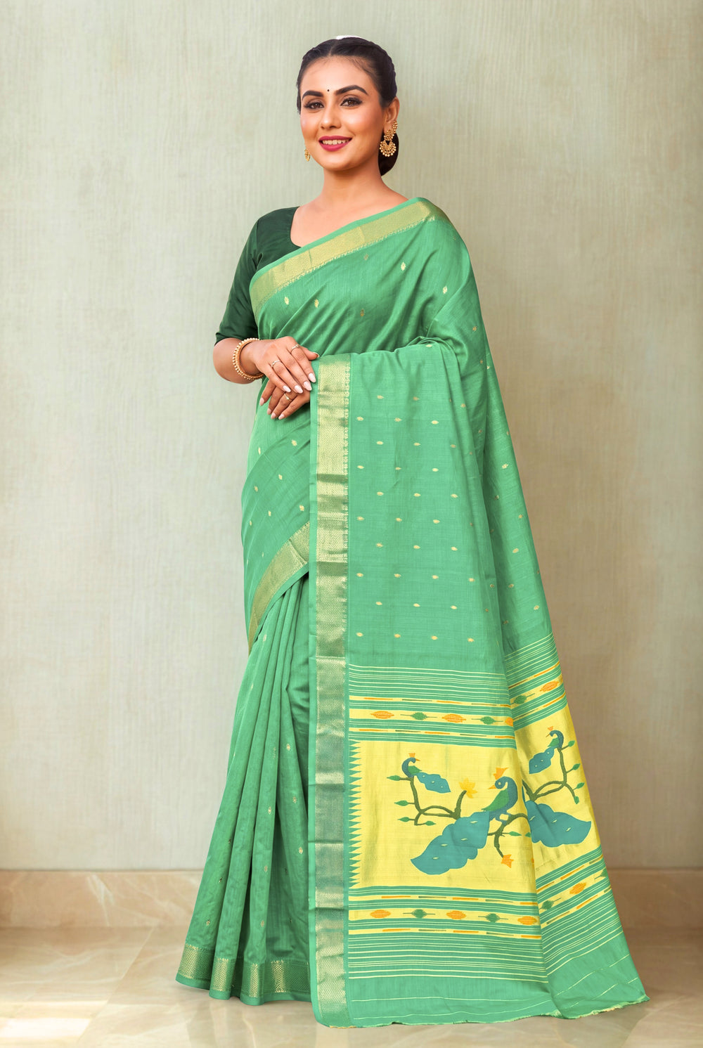 Two Tone Green Cotton Paithani 