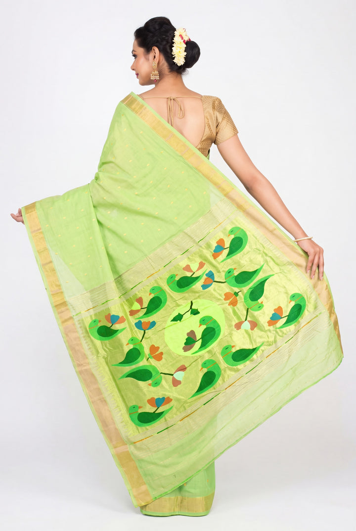 Pista Green Cotton Paithani Saree