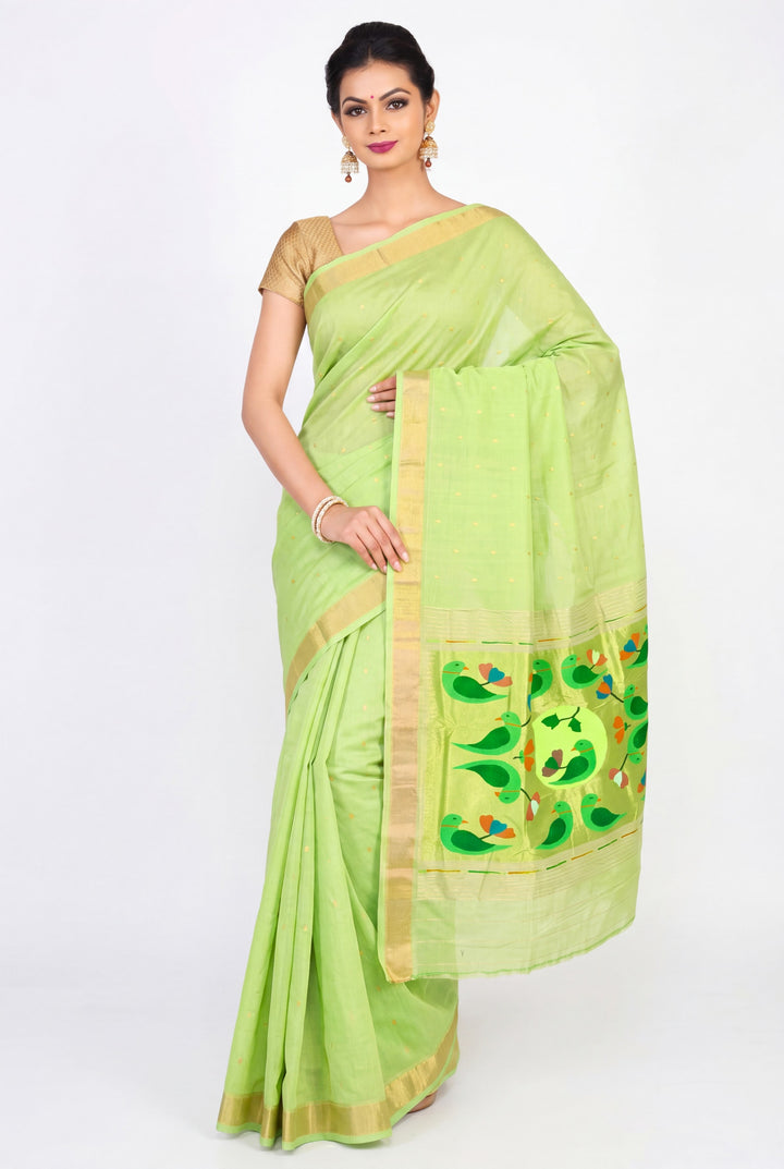 Pista Green Cotton Paithani Saree
