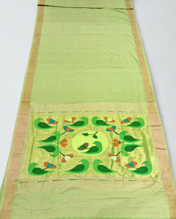 Pista Green cotton paithani with rich pallu