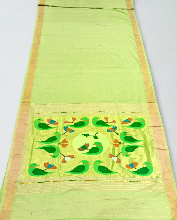 Pista Green Cotton Paithani Saree