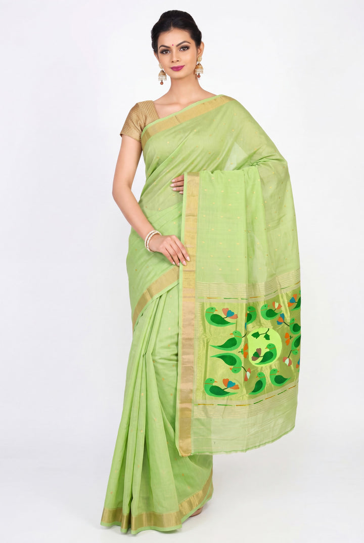 Pista Green cotton paithani with rich pallu
