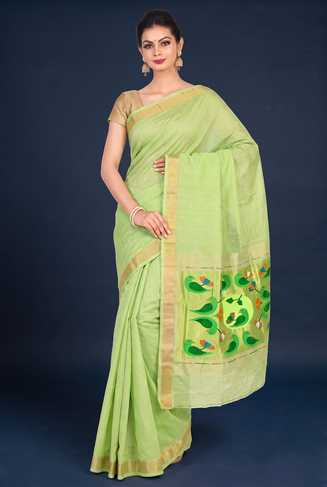 Pista Green Cotton Paithani with Rich Pallu