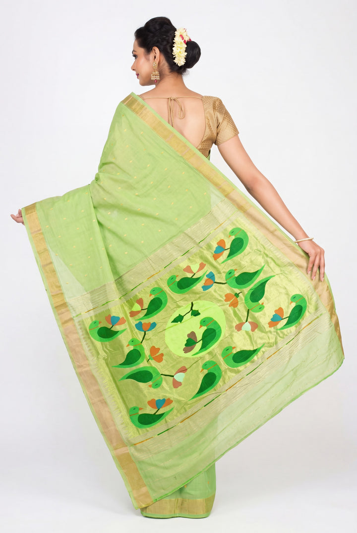 Pista Green cotton paithani with rich pallu