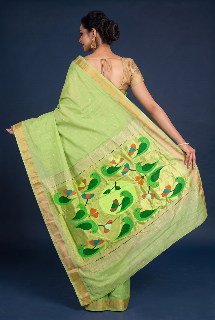 Pista Green Cotton Paithani with Rich Pallu
