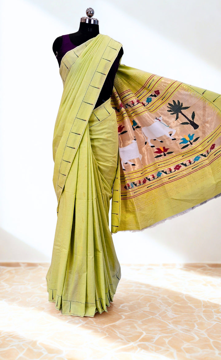 Lime Green Rich Pallu Cotton Paithani Saree