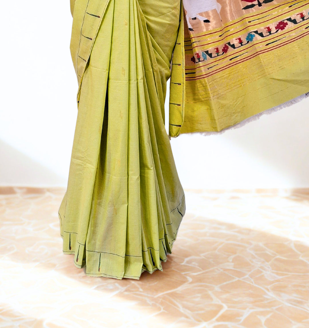 Lime Green Rich Pallu Cotton Paithani Saree