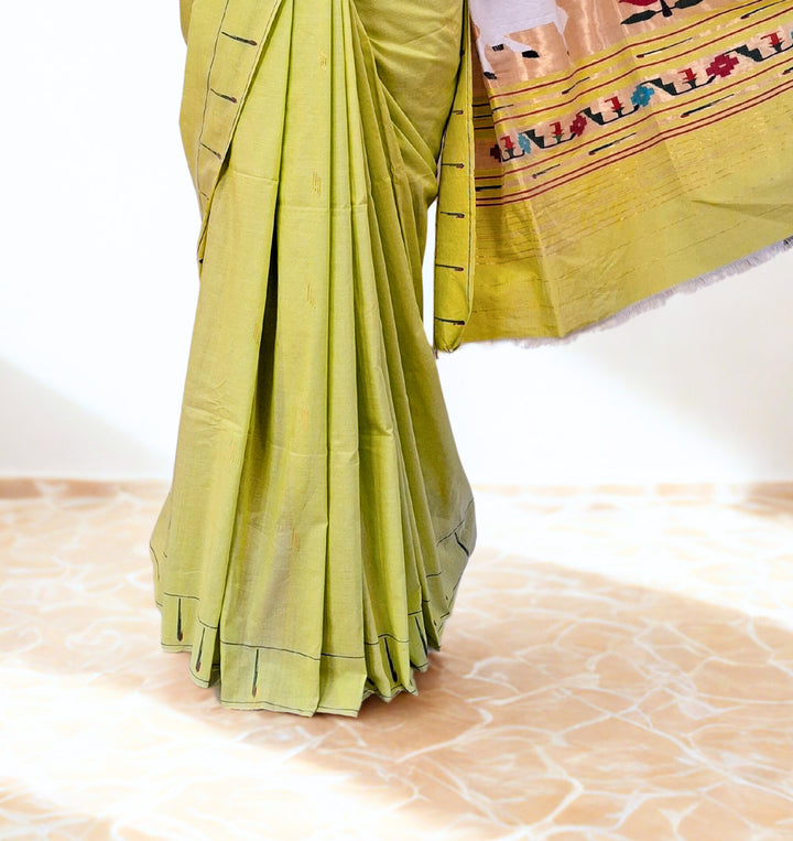 Lime Green Rich Pallu Cotton Paithani Saree
