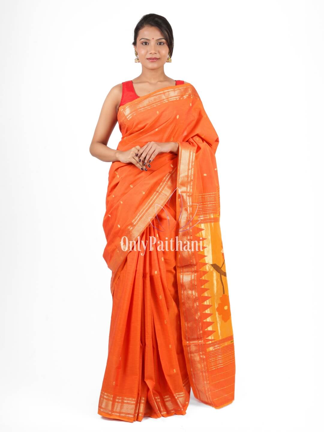 Orange rich pallu cotton paithani saree