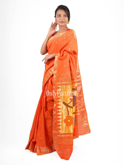 Orange rich pallu cotton paithani saree