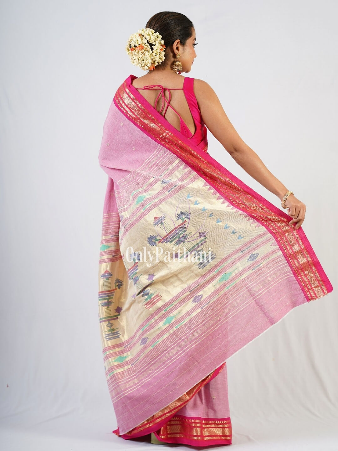 Baby pink cotton paithani saree