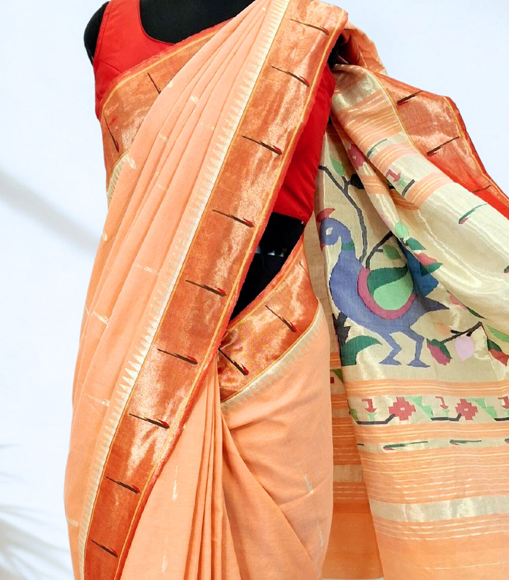 Peach Rich Peacock Pallu Cotton Paithani