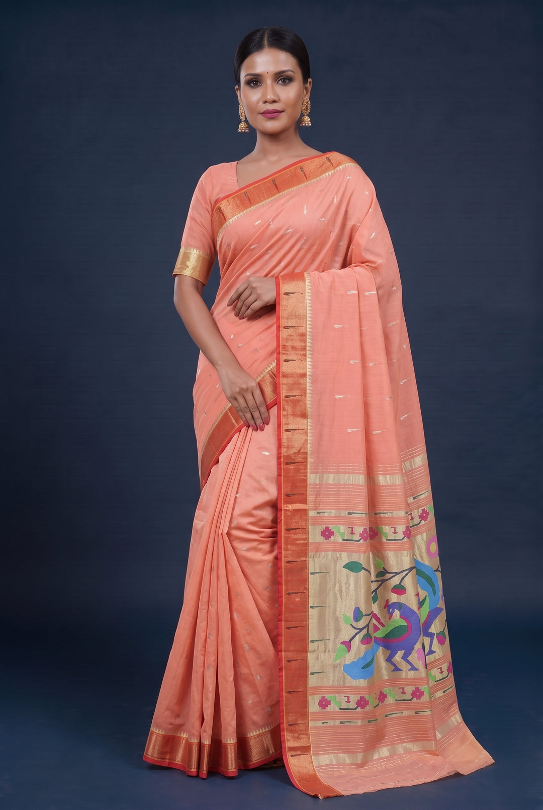 Peach Rich Peacock Pallu Cotton Paithani