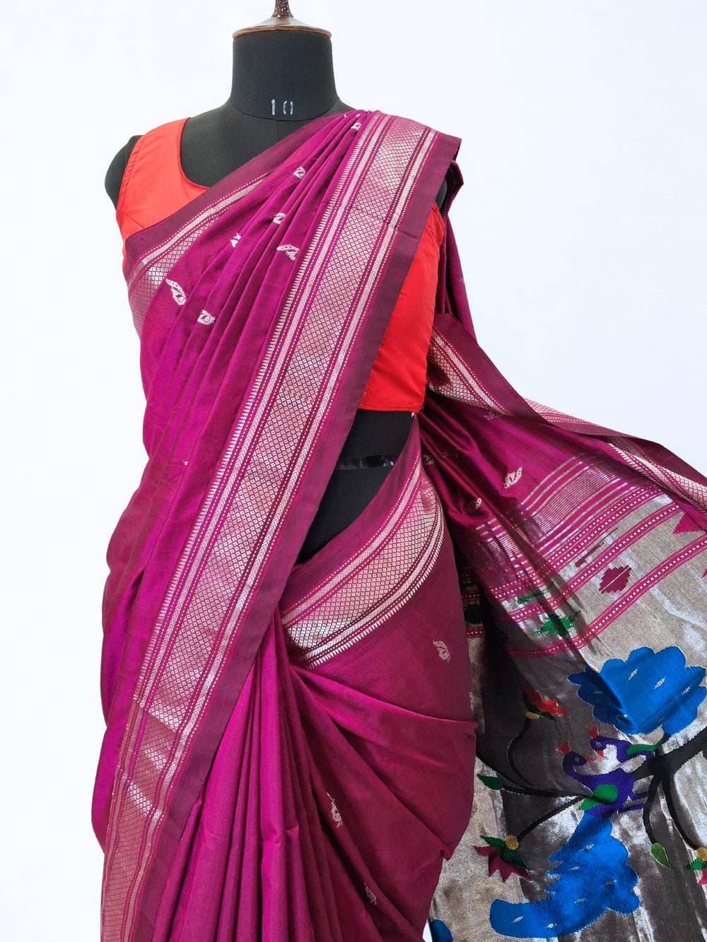 Wine Silk Paithani Saree with Silver Zari
