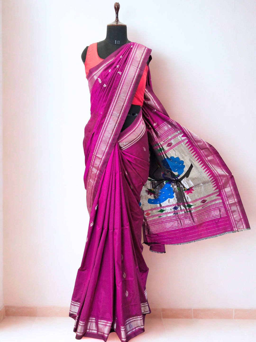 Wine Silk Paithani Saree with Silver Zari