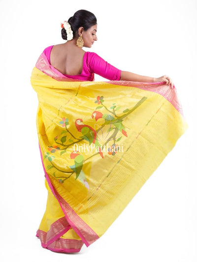 Canary yellow rich pallu cotton paithani saree