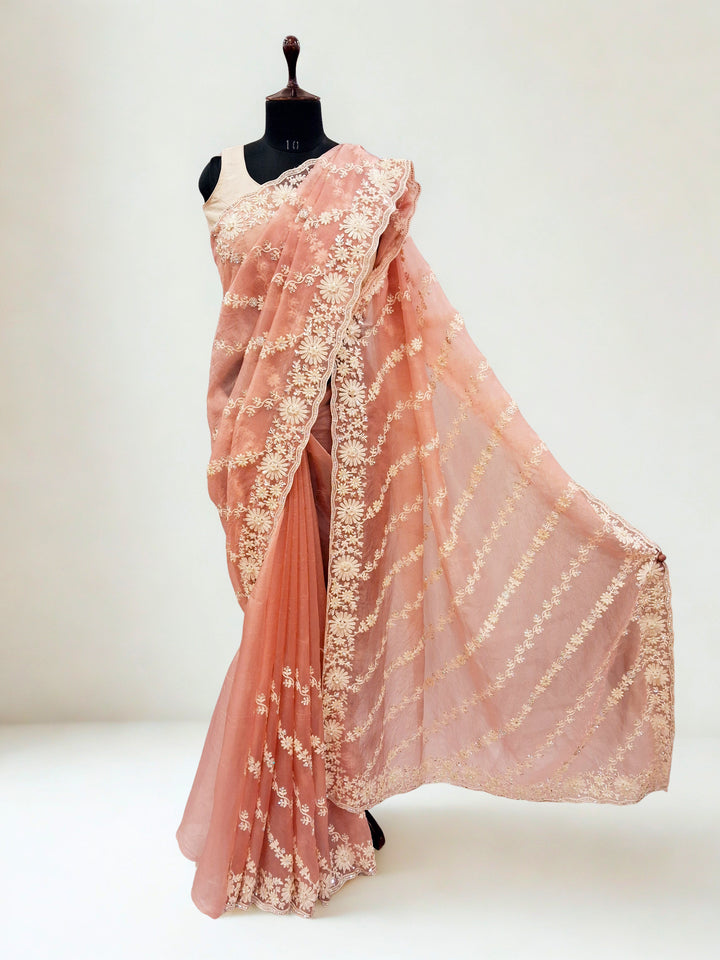 Peach pink designer saree