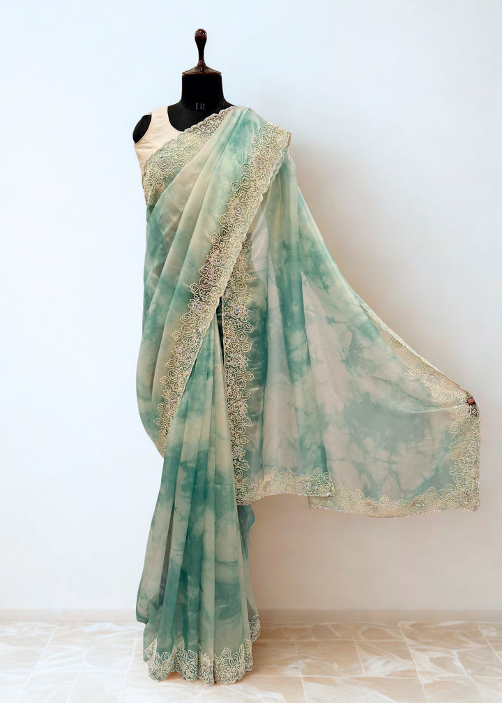 Sea green tie die designer saree
