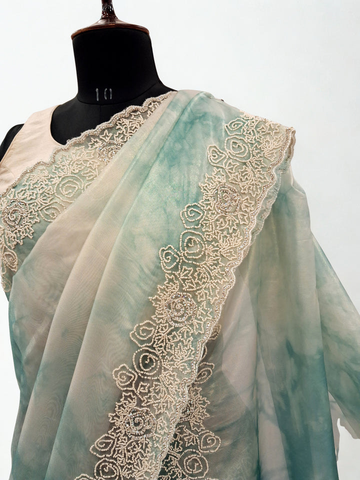 Sea green tie die designer saree