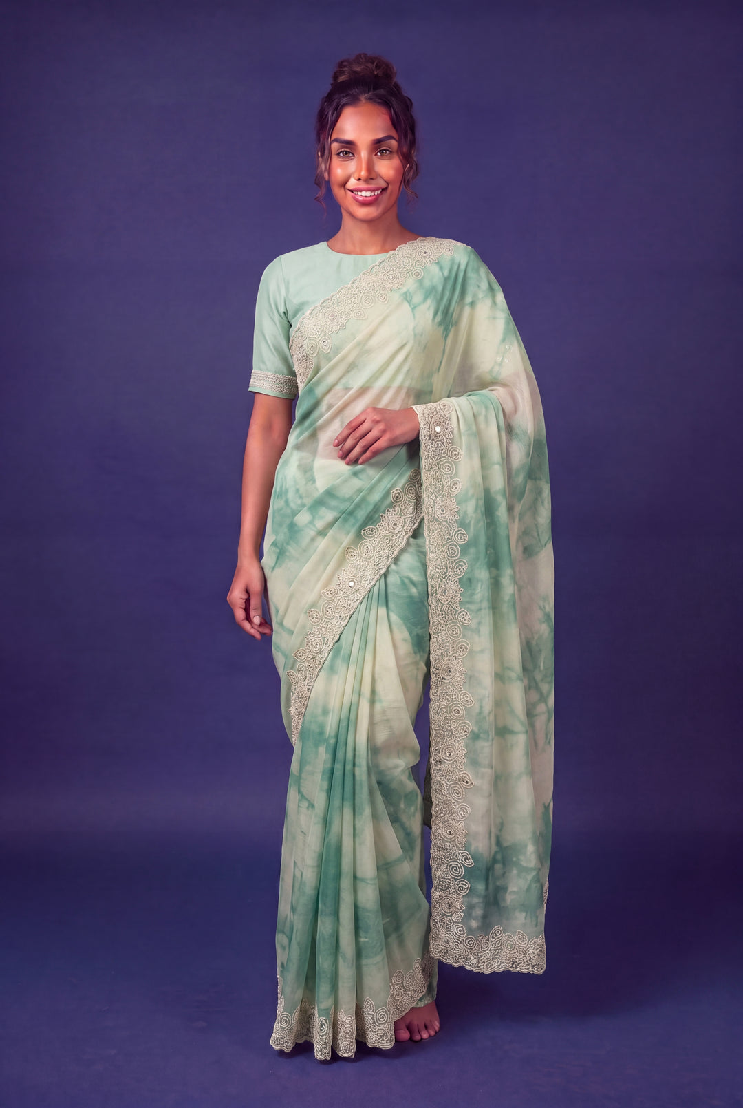 Sea Green Tie Die Designer Saree