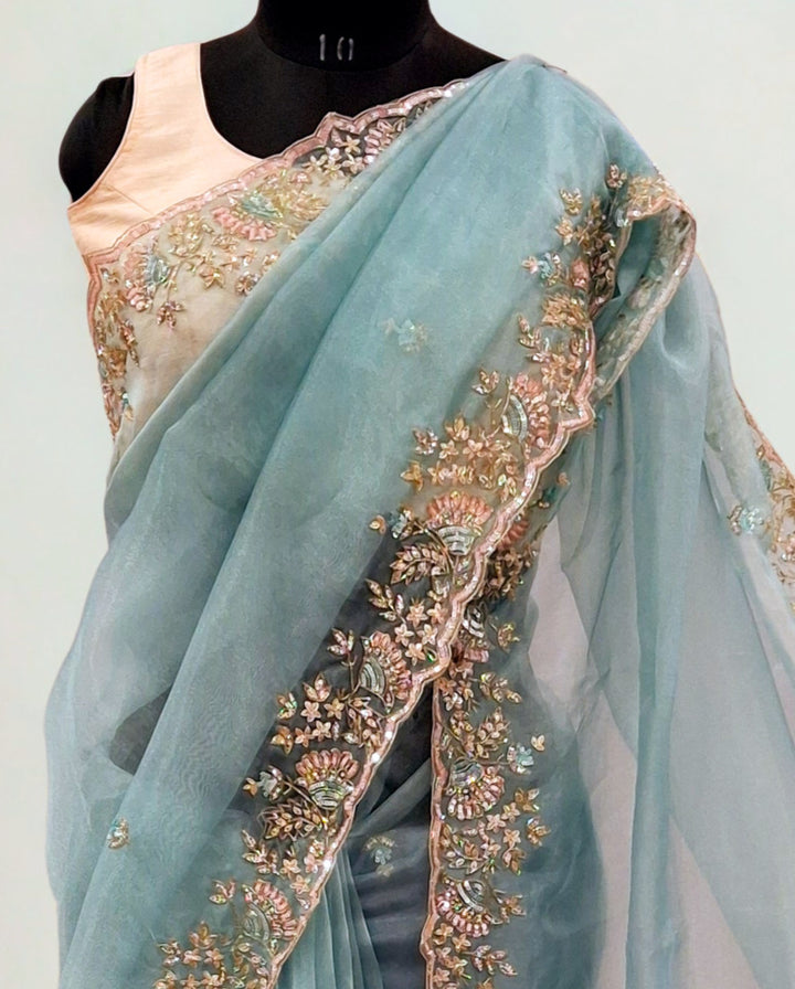Sea blue designer saree
