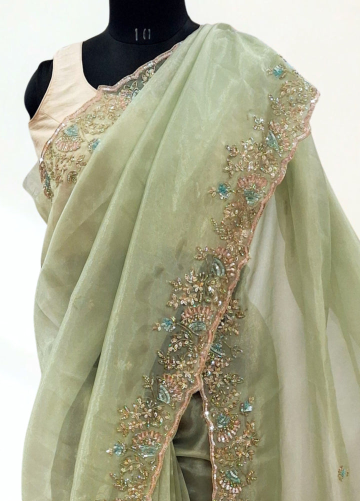 Pista green designer saree