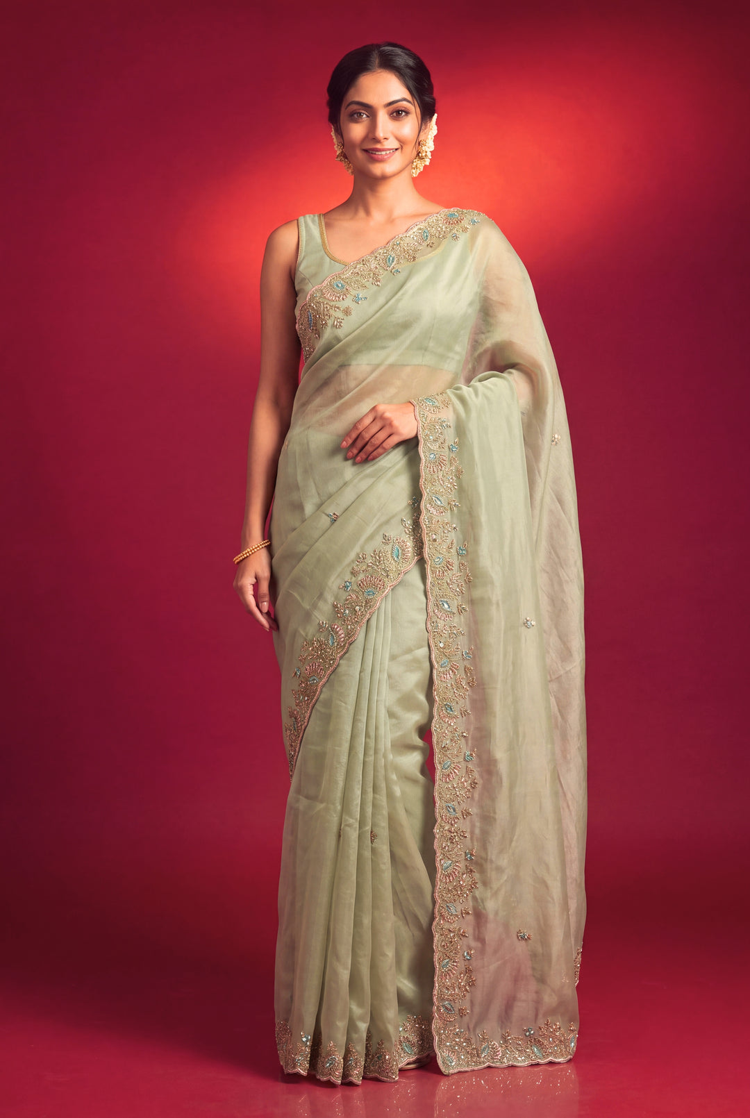 Pista Green Designer Saree